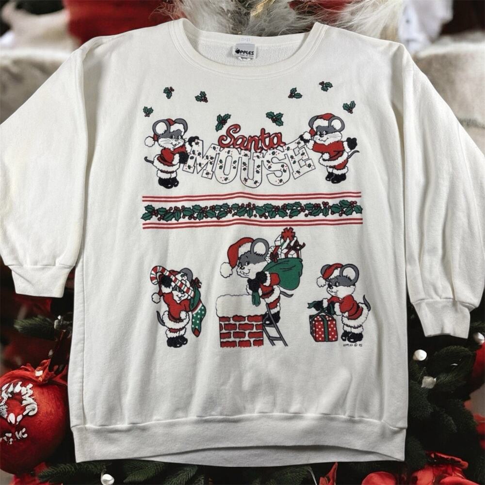 Vintage 1995 Santa Mouse Christmas Sweatshirt Large USA Apples White